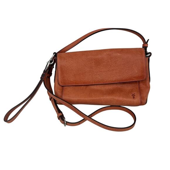 Frye Crossbody Bag Orange Distressed Pebble Leather Reed Flap Adjustable Strap - Picture 1 of 12